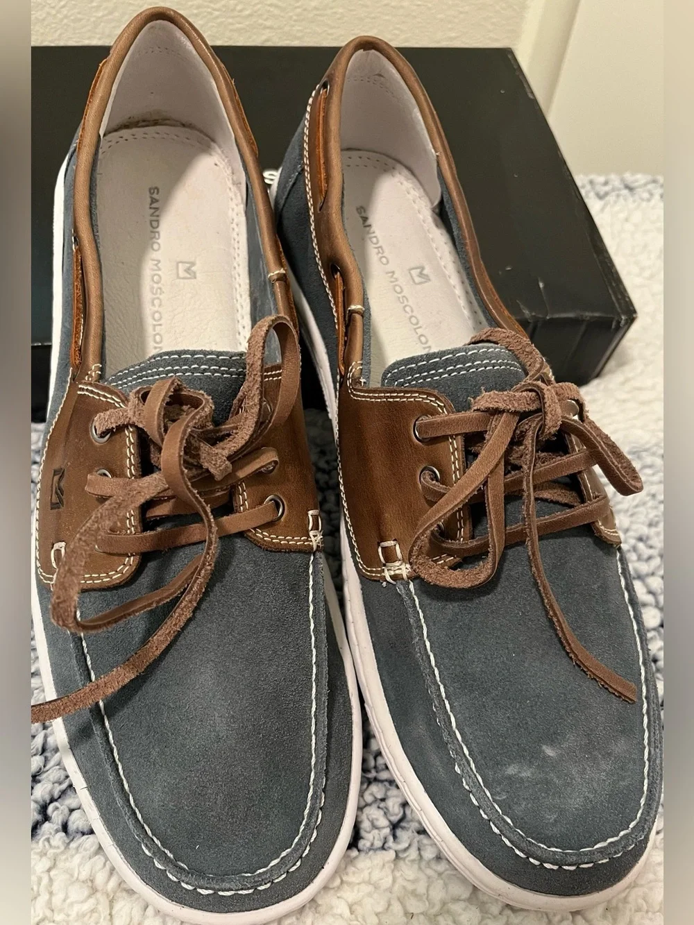 NWT Sandro Moscoloni Two-Tone Brown and Gray Leather Boat Shoes